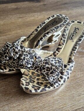 Selina Leopard Print Rhinestone Bow Wedge Sandals